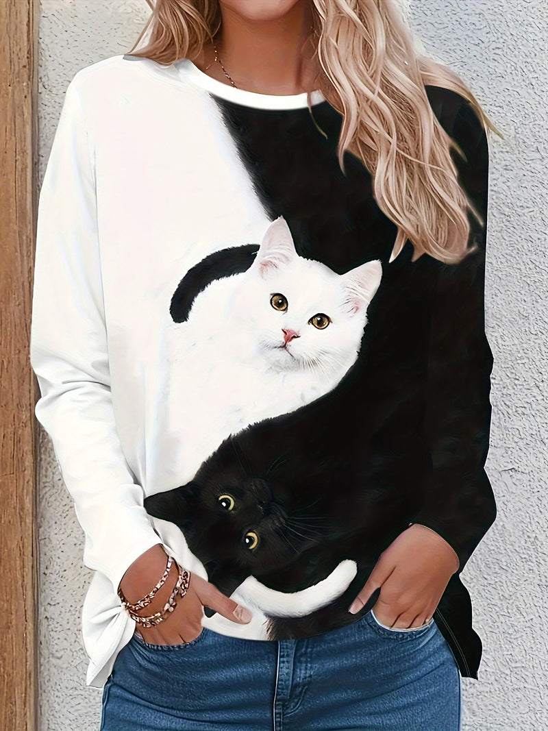 T-Shirt mit Katzenprint und trendigen Farbblöcken – Marit