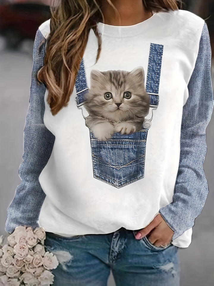 T-Shirt mit Katzenprint und trendigen Farbblock-Details – Celeste