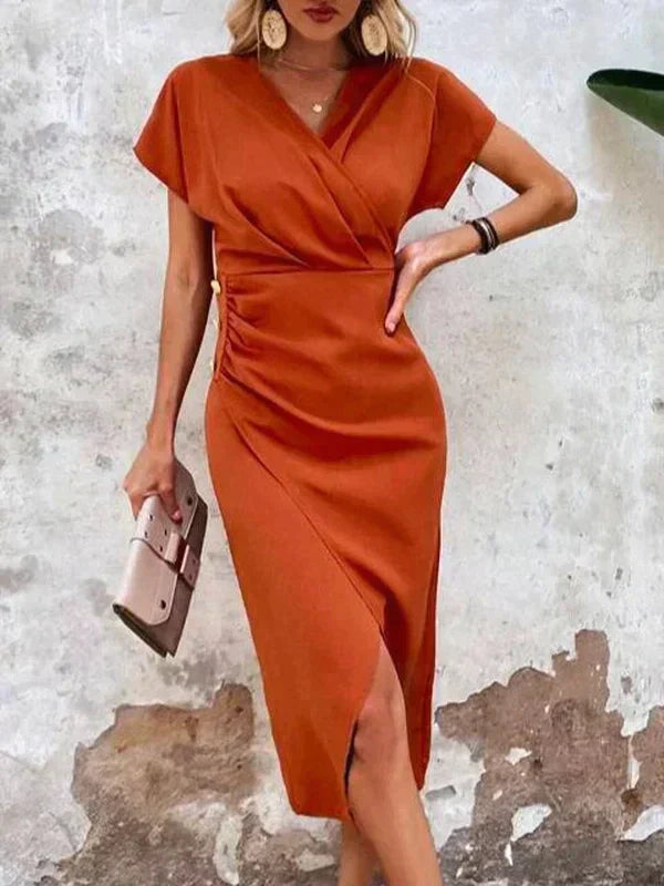 Stilvolles Orange V-Ausschnitt Midikleid - Ruby