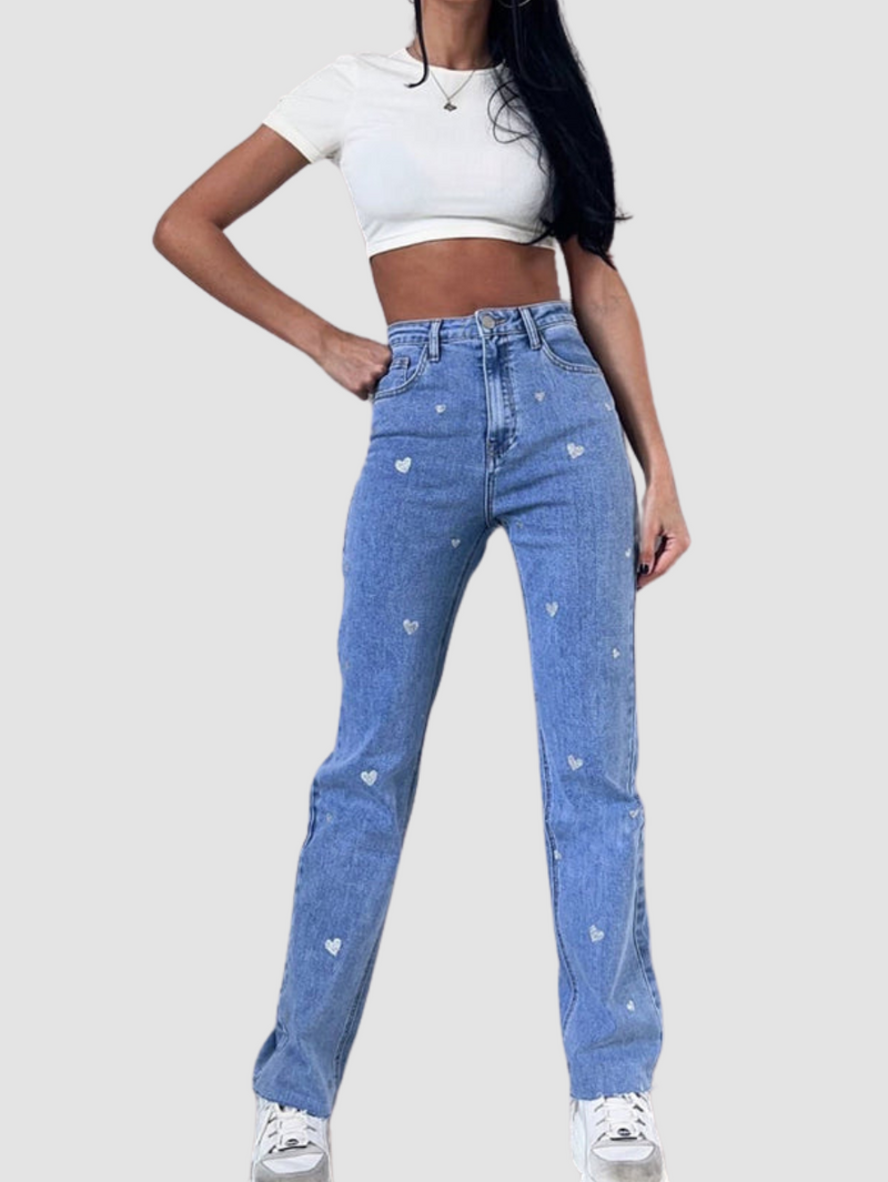 Damen Stretch Jeans mit Weitem Bein und Herzchenprint - Amelie