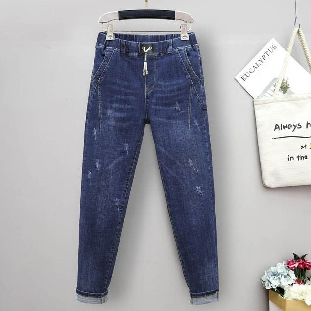 Elastische Baggy-Jeans mit hoher Taille in Übergröße