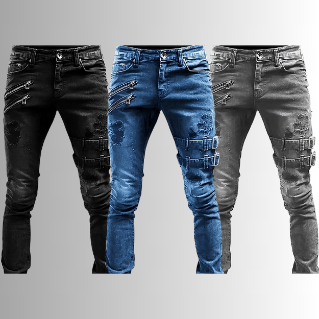 Herren Denim Jeans mit Schnallen und Reißverschlüssen - TitanEdge