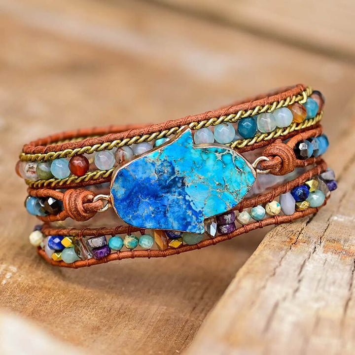 Blaue Hamsa-Türkis-Wickelarmband – Soraya