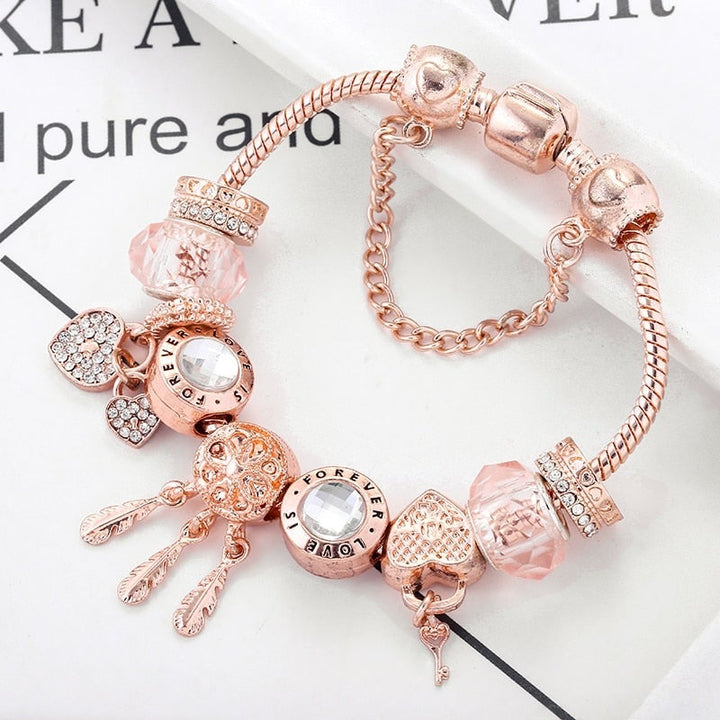 Rose Dreamcatcher-Armband mit Charms aus Sterling Silber - Rosa