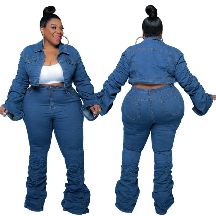 2-teiliges Denim-Set aus Jacke und Hose in Übergröße