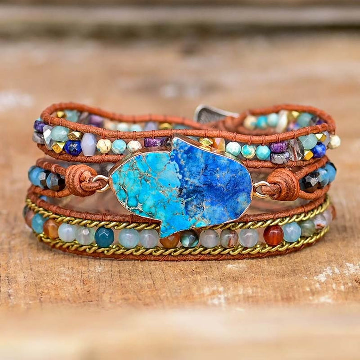 Blaue Hamsa-Türkis-Wickelarmband – Soraya