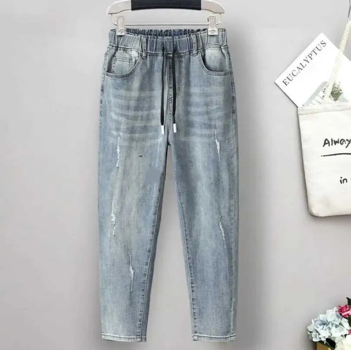 Elastische Baggy-Jeans mit hoher Taille in Übergröße