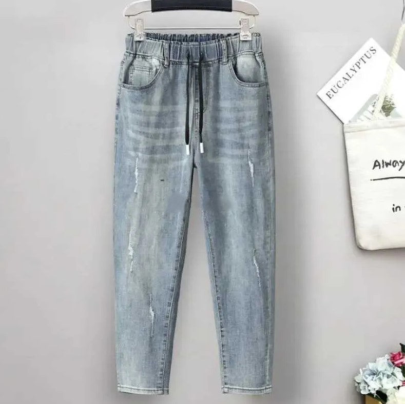 Elastische Baggy-Jeans mit hoher Taille in Übergröße