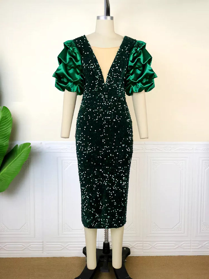 Glänzendes Puffärmeln-Vintage-Kleid in Übergröße