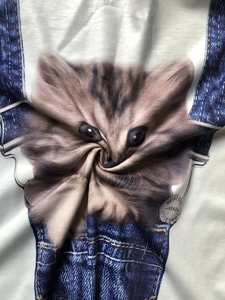 T-Shirt mit Katzenprint und trendigen Farbblock-Details – Celeste