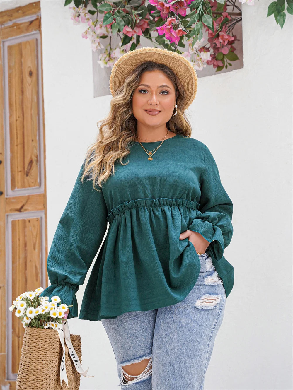 Plus Size Frühlings-Peplum-Bluse mit Volantverzierung