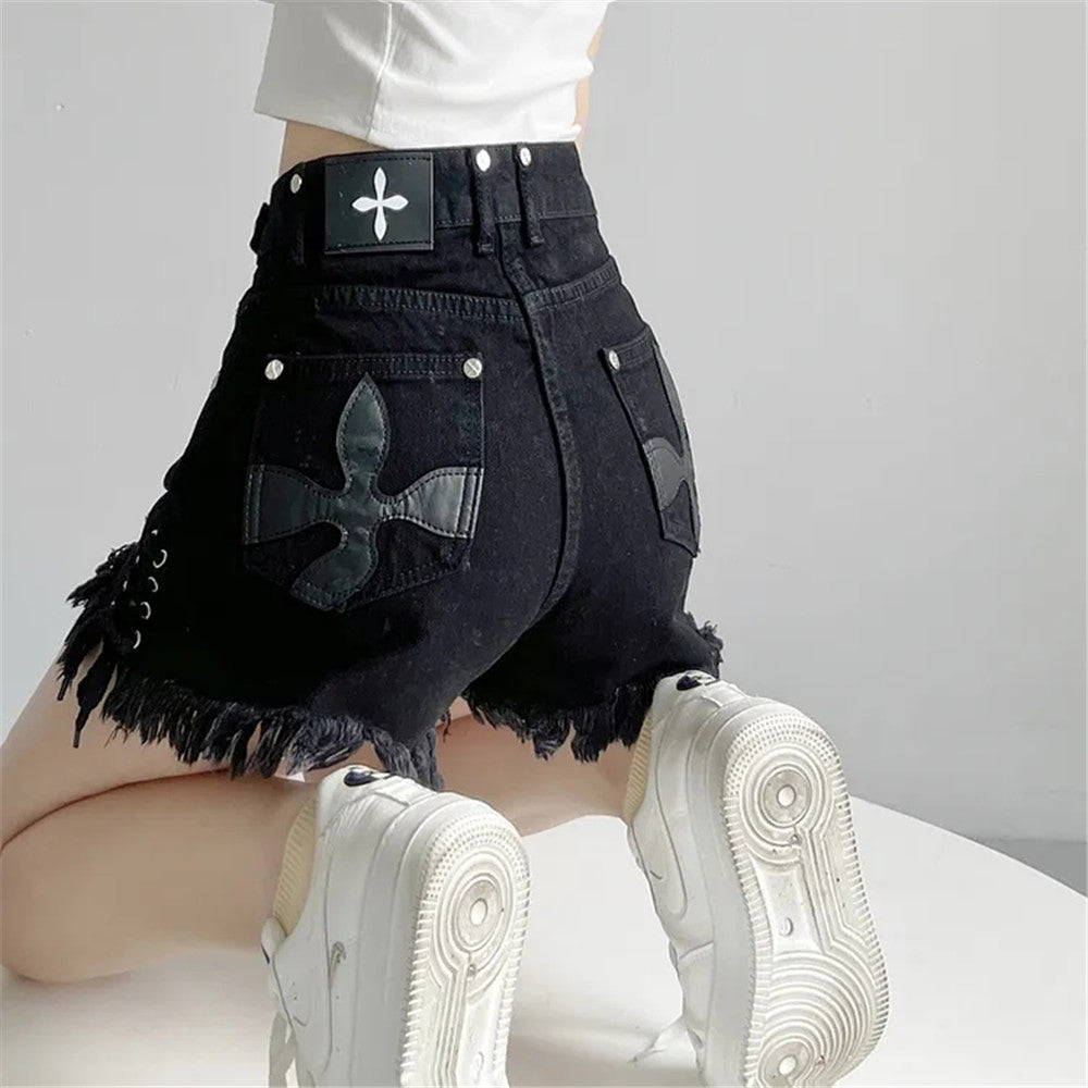 High-Waist-Denim-Shorts mit Gothic Kreuzdruck in Plus Size