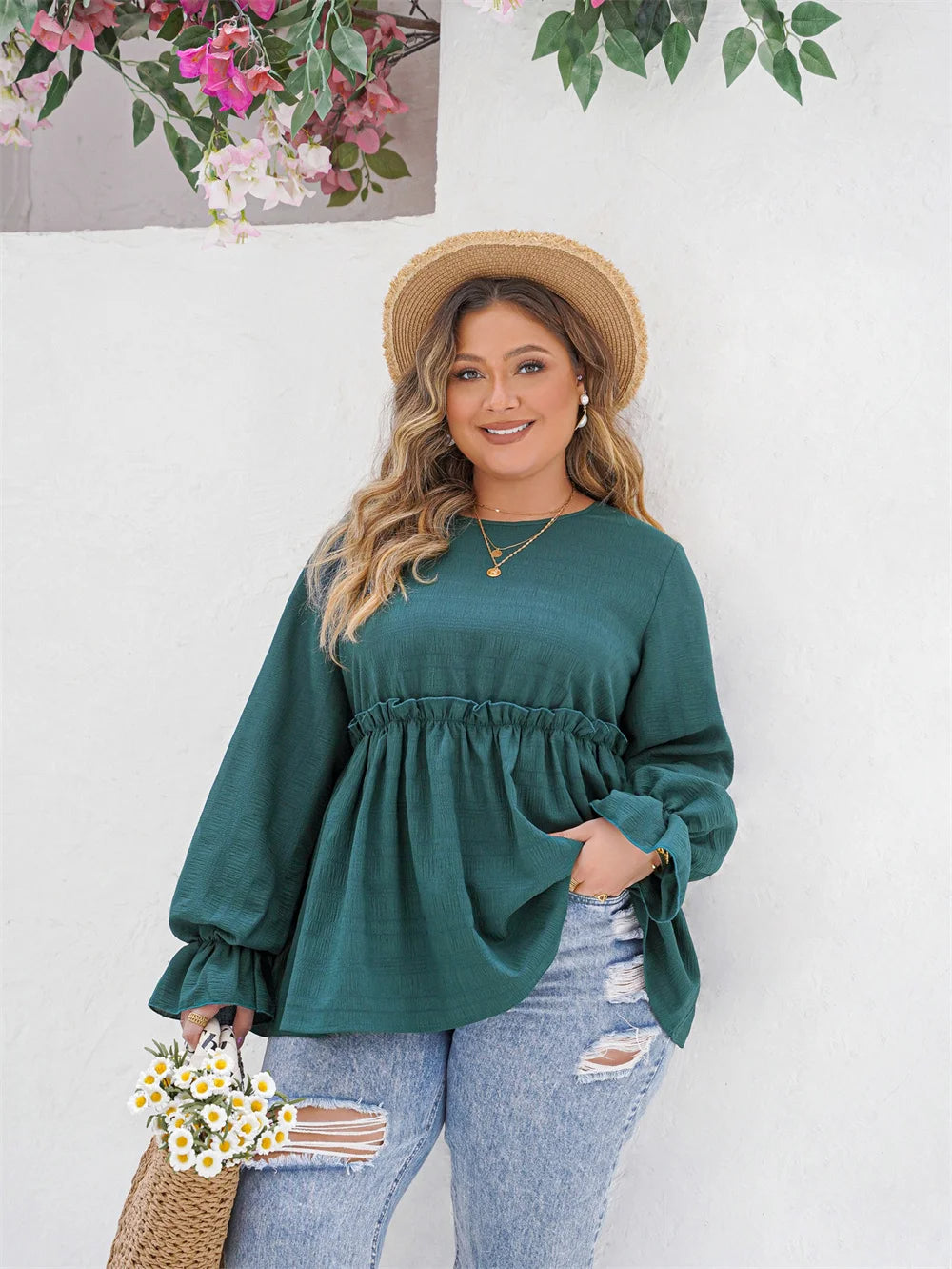 Plus Size Frühlings-Peplum-Bluse mit Volantverzierung