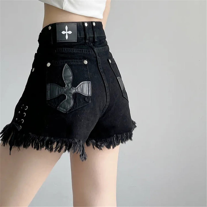 High-Waist-Denim-Shorts mit Gothic Kreuzdruck in Plus Size