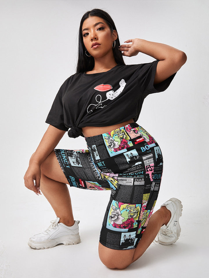 Plus Size Lustige Cartoon-Print High-Waist-Shorts