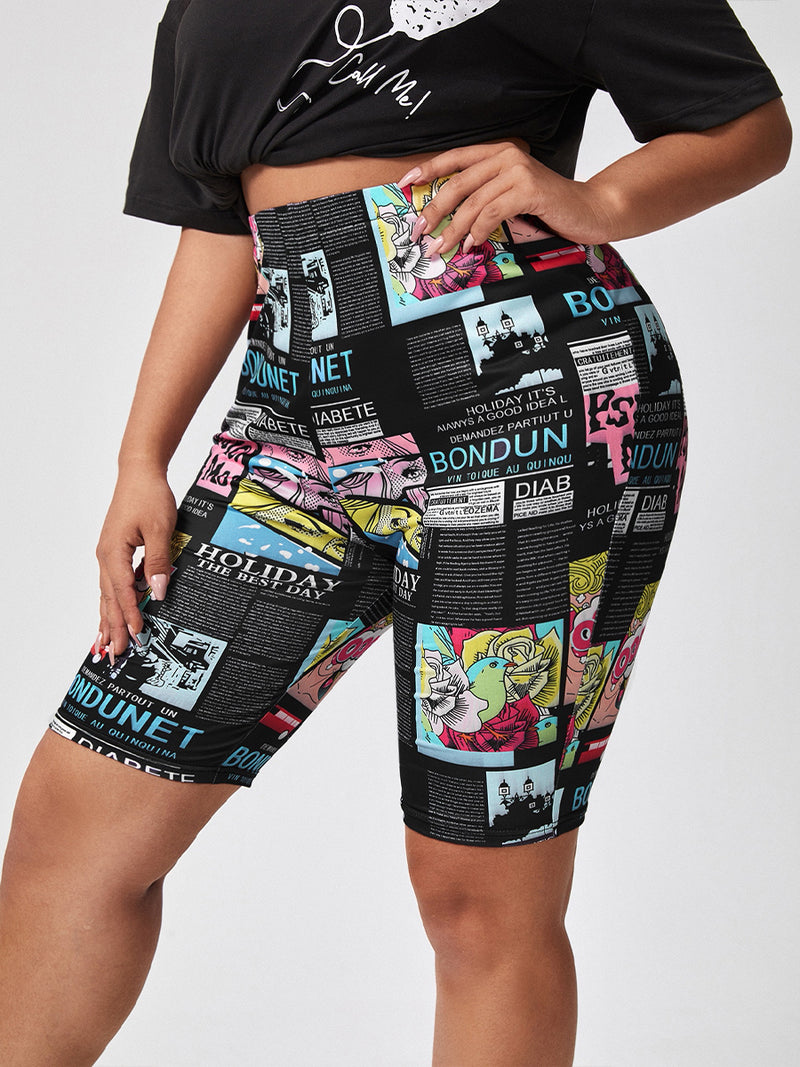 Plus Size Lustige Cartoon-Print High-Waist-Shorts