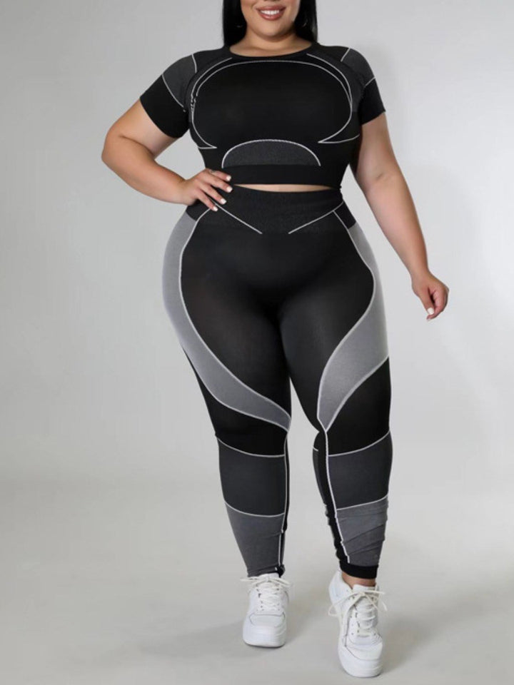 Zwei-Teiliges Patchwork Set - Leggings & Crop Top in Plus Size