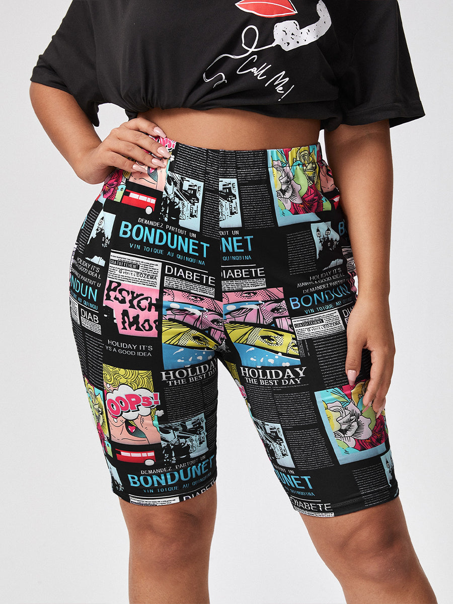 Plus Size Lustige Cartoon-Print High-Waist-Shorts