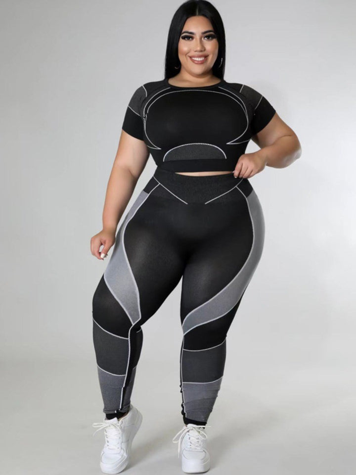 Zwei-Teiliges Patchwork Set - Leggings & Crop Top in Plus Size