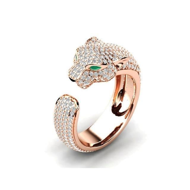 Verstellbarer Ring in 18K Silber und Roségold mit Grünen Zirkonia-Augen – Jaguar Ring™